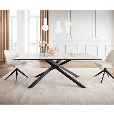 Afbeelding van Eetkamertafel Edge keramiek Calacatta Luxe wit goud grijs 200x100 kruisframe rechthoek zwart