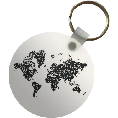 Afbeelding van Sleutelhanger Wereldkaart Zwart Wit Cijfers Plastic Rond Uitdeelcadeautjes