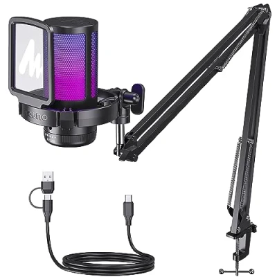 Afbeelding van MAONO Gaming USB microfoon, ruisonderdrukking condensatormicrofoon met dempen, versterking, bewaking, giekarm voor streaming, podcast, Twitch, YouTube, Discord, pc, computer, PS4, PS5, Mac, GamerWave