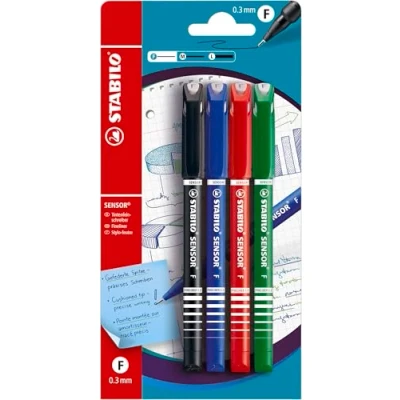 Afbeelding van Fineliner met meeverende schrijfpunt STABILO SENSOR F fijn 4 stuks zwart, blauw, rood, groen