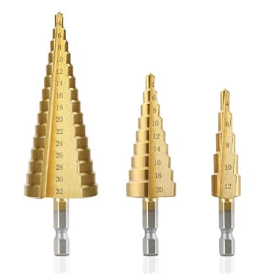 Afbeelding van Rusee HSS stappenboor, Hex Shank trapboor 4 12 mm / 20 32 titanium stap schilboorset set conusboor kegelboor 3 delig