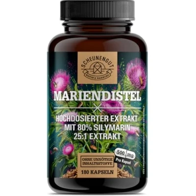 Afbeelding van mariadistel capsules 1500 mg per dagelijkse dosis Belangrijk: 25:1 extract (= 37500 mariadistel) MET 80% silymarijn I 180 hoge laboratorium getest NE SCHEUNENGUT®