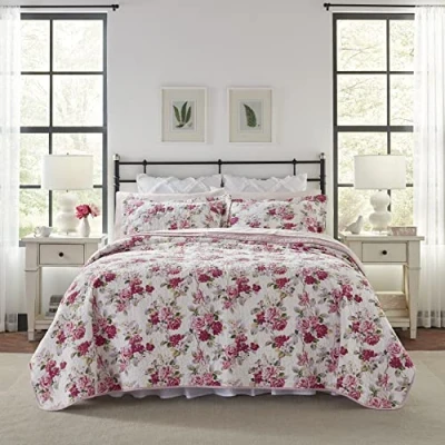 Afbeelding van Laura Ashley Home Lidia Collection Quiltset 100% katoen, omkeerbaar, lichtgewicht en ademend beddengoed, voorgewassen voor extra zachtheid, koning, roze