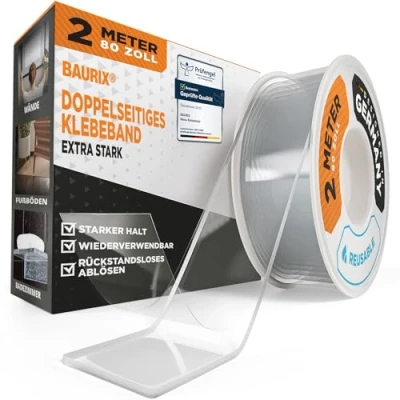 Afbeelding van BAURIX® nano Plakband Dubbelzijdig [2m] Extra sterke dubbelzijdige tape Wasbare silicone double sided transparant Veelzijdige magic