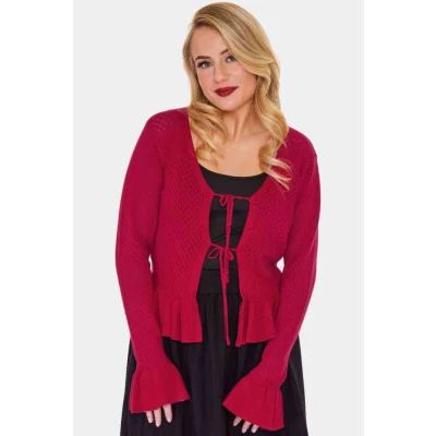 Afbeelding van Voodoo Vixen Red Tie Front Ruffle Cardigan L Rood