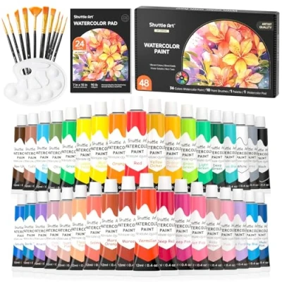 Afbeelding van 48 Pack Aquarelverfset, Shuttle Art 36 kleuren aquarelverf in tubes (12 ml elk) met 10 borstels, 1 aquarelpad, palet, premium aquarelset voor kunstenaar, beginners, kinderen