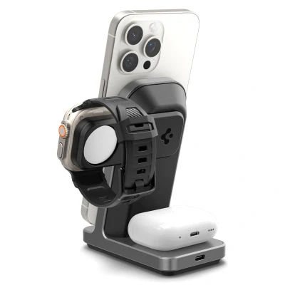 Afbeelding van Spigen OneTap Pro 3 MagFit in 1 Draadloze Snellaadstandaard, 【Qi2】 MagSafe Oplaadstandaard, Compatibel met iPhone 15/14/13/12, Apple Watch 2/3/4/5/6/7/8/9/SE/Ultra, AirPods Gen 2 / Zwart
