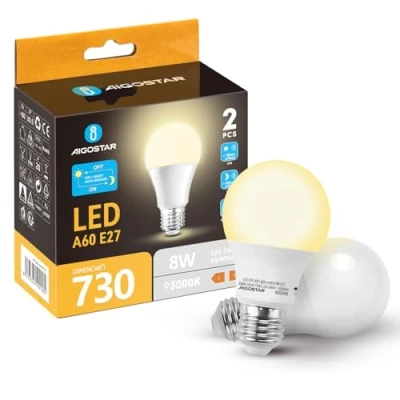 Afbeelding van Aigostar E27 LED lamp met schemeringssensor, 8W vervangt 55W, bereik, tijd en schemerdrempel instelbaar, warmwit (3000K), pak van 2.