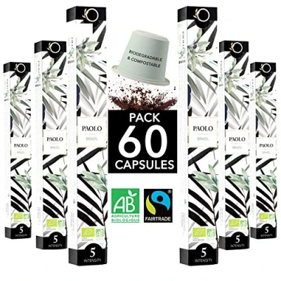 Afbeelding van Koffiecapsules Compatibel Nespresso Biologisch Fair Trade Arabica Koffie, Single Origin Brazilië PAOLO Afbreekbare Cup Composteerbaar Ambachtelijk Gebrand 60 Koffie cups