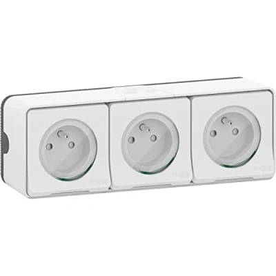 Afbeelding van Schneider Electric MUR36039 Mureva Style, drievoudig stopcontact, voorbekabeld, 2P+T, standaard FR, 16 A, IP55, snelle opbouwverbinding, IK08, wit, 3 stopcontacten