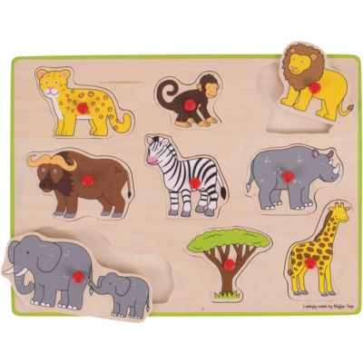 Afbeelding van Bigjigs houten knoppuzzel Safari 9 stukjes