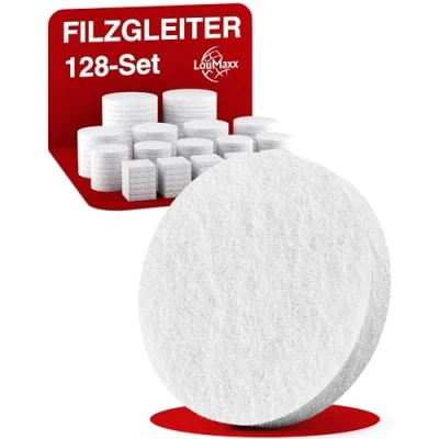 Afbeelding van LouMaxx Viltglijders, zelfklevend, wit, set van 128 (rond en vierkant), viltdoppen voor stoelen, meubelglijders met een dikte 3 mm hoge kleefkracht, viltbescherming gevoelige vloeren