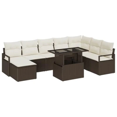 Afbeelding van vidaXL 9 delige tuinsofa set met kussens Bruin Poly Rattan, 2 zits opslag &amp; Rattan