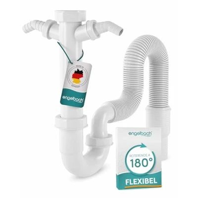 Afbeelding van Engelbach® sifon voor gootsteen met flexibele afvoerslang dubbele apparaataansluiting buissifon incl. montage video Made in Germany