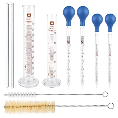 Afbeelding van glazen pipet meetcilinderset, druppelaar, 4 stuks transferpipet 5 ml 10 ml, 2 gegradueerde meetcilinders 100 50 voor levensmiddelen onderzoek school thuis duidelijke meetpipetten