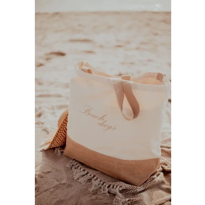 Afbeelding van Jute strandtas beach bag zomer linnen canvas tote 44x18x38cm