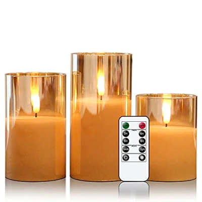 Afbeelding van Eldnacele Gouden glazen vlamloze flikkerende kaarsen met afstandsbediening, bewegende lont, werkt op batterijen, realistische warme lichtkaars timer, set van 3 (dikte 7,5 cm x hoogte 10/12/15 cm),