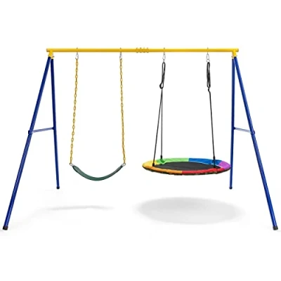 Afbeelding van COSTWAY Dubbele schommel met frame, outdoor voor kinderen, schommelframe kinderschommel en nestschommel, tot 300 kg belastbaar (2 schommels frame)