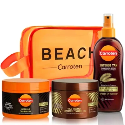Afbeelding van Carroten 3 delige zonneverzorgingsset bruiningset van intensieve bruiningsgel 150 ml, bruiningsolie met kokosolie 200 ml en aftersun koelgel incl. praktische make uptas