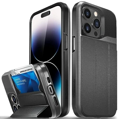 Afbeelding van VENA vCommute Portemonnee hoesje compatibel met Apple iPhone 14 Pro (6,1 inch inch), (militaire valbescherming), lederen fliphoesje, kaartsleuf en standaard, grijs (Space Grey)