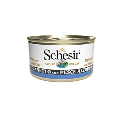 Afbeelding van Schesir, Natvoer voor volwassen katten met smaak tonijn blauwe vis, filets in zachte gelei totaal 2,04 kg (24 blikjes van 85 g)