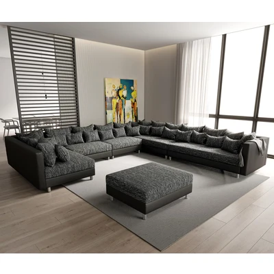 Afbeelding van bank Clovis XXL zwart met hocker ottomaans rechts woonlandschap module