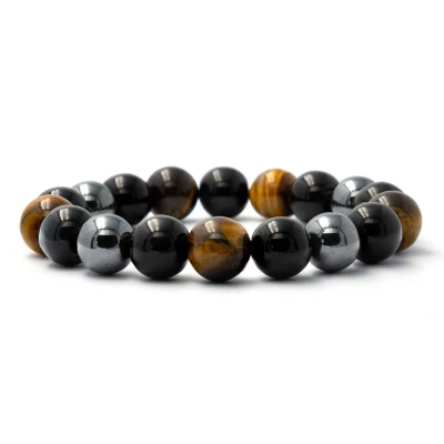 Afbeelding van Bixorp Gems Tijgeroog + Hematiet Onyx Edelstenen Armband Gepolijste Edelsteen Kralenarmband 12mm / 20cm