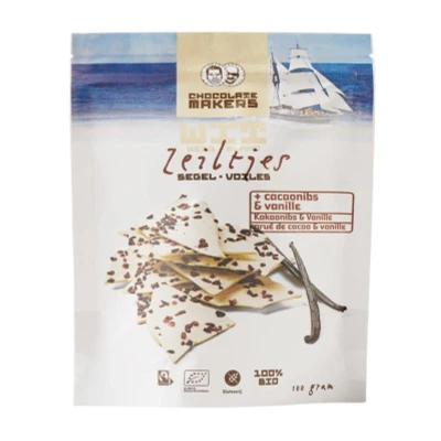 Afbeelding van Chocolatemakers Bio chocozeiltjes wit vanille met cacaonibs 100 g