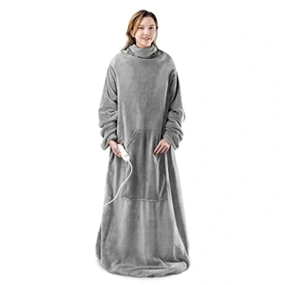 Afbeelding van Navaris XXL warmtedeken met mouwen Wasbare elektrische deken 9 standen en timer 195x125cm Grjis/crème