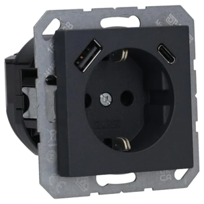 Afbeelding van Jung 1 voudige wandcontactdoos met randaarde inbouw 16a kinderbeveiliging usb thermoplast antraciet a1520 15caanm