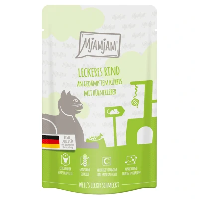 Afbeelding van 12x125g MjAMjAM Quetschie Heerlijk Rundvlees op Gestoomde Pompoen Kattenvoer Nat