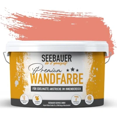 Afbeelding van SEEBAUER diy muurverf rood 5L voor binnen (No. 346 Sun Fire) edelmat roode binnenverf roodtinten zeer hoge dekkracht mat, wasbaar en druppelvrij
