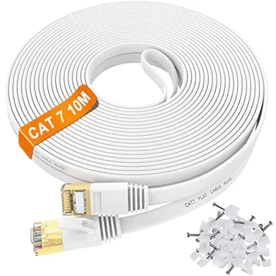 Afbeelding van Ethernet Kabel 10m Cat 7, Buiten Binnen Netwerkkabel Hoge Snelheid, Wit Plat RJ45 Internetkabel 600MHz 1Gbps, Lang S/FTP Gigabit LAN CAT7 Patchkabel voor Router Switch Modem (10 Clips)
