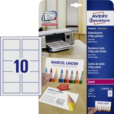 Afbeelding van Avery Zweckform C32026 25 Bedrukbare visitekaarten, gladde kant 85 x 54 mm Ultra wit 250 stuk(s) Papierformaat: DIN A4