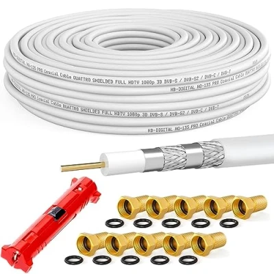 Afbeelding van HB DIGITAL 25 m coaxkabel SAT HQ 135 dB PRO incl. stripper + 10 F connectoren verguld gratis Satelliet antennekabel 4 voudig afgeschermd voor DVB S/S2 C/C2 T/T2 DAB+ Radio BK installaties