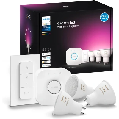 Afbeelding van Philips Hue White and Color GU10 Starter Pack 3 lampen + Bridge Dimmer