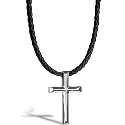 Afbeelding van SERASAR Heren Lederen Ketting [Cross] Zilver 50cm Hals Sieraden Hanger