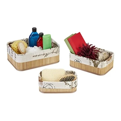 Afbeelding van Relaxdays opbergmand set van 3 opbergers kastmanden bamboe &amp; polyester natuur/crème
