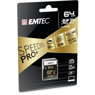 Afbeelding van EMTEC SDXC kaart UHS II U3 V90 SpeedIN Pro+ ECMSD64GUHS2V90 Geheugenkaart Foto&#039;s in Burst, Full HD, 3D, 4K, 8K UHD Opslagcapaciteit 64GB 2 rijen pinnen op de achterkant Zwart/Goud