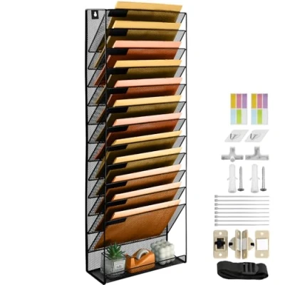 Afbeelding van PLSOPPKG 13 laags hangende wandbestandshouder, metalen gaas tijdschriftenrek, A4 wandzakbestandshouder, postorganisator wandgemonteerde bestandsorganizer, zwart