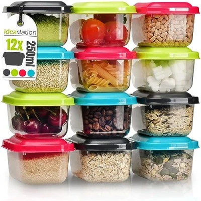 Afbeelding van idea station voorraadpot set 12 stuks, 250 ml, kleurrijk, met deksel, stapelbaar, voorraadbakken, opbergdozen, lunchbox, keukengadgets, maaltijdbereiding, diepvriesdozen