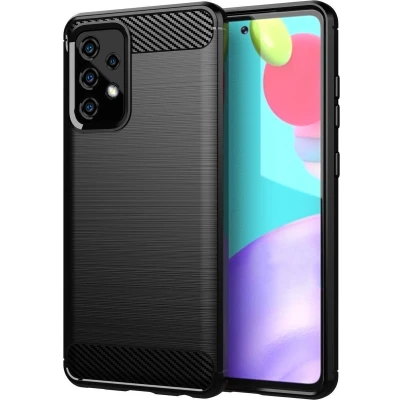 Afbeelding van Cadorabo Hoesje geschikt voor Samsung Galaxy A52 (4G / 5G) A52s in Brushed Zwart Beschermhoes van flexibel TPU siliconen roestvrij staal carbonvezel look Case Cover