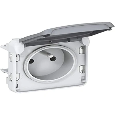 Afbeelding van Legrand 069551 stopcontact waterdicht 2P T met beschermingsclips Plexo Componeerbaar IP55, 16 A, 250 V, grijs