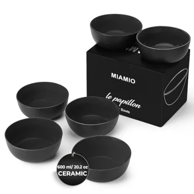 Afbeelding van MIAMIO 6 x 600 ml aardewerk kommen set zwarte buitenkant kleurrijke binnenkant Le Papillon Collection (Zwart)