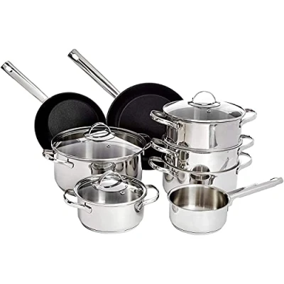 Afbeelding van Amazon Basics Pannenset 11 stuks, roestvrij staal, inductie, met steelpan, koekenpan en braadpan, deksels, zilver