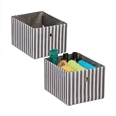 Afbeelding van Relaxdays stoffen opbergmand, set van 2, mand rechthoekig, HxBxD: 16 x 20 25 cm, gestreept, speelgoedmand, grijs/wit