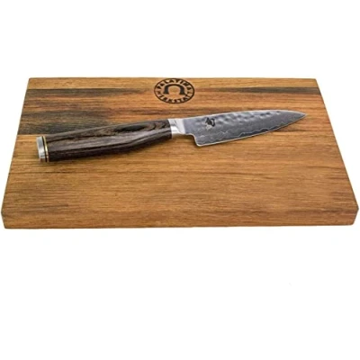 Afbeelding van Kai Shun Messenset Tim Mälzer mes Premier Serie Officemes TDM 1700 ultrascherp Japans met damastlemmet + 100% handgemaakte snijplank 25 x 15 cm