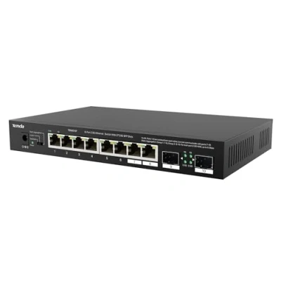 Afbeelding van Tenda TEM2010F Multigigabit schakelaar met 10 aansluitingen, 2 SFP, VLAN, statische aggregatie, compatibel 2,5G apparaten, desktop/wandmontage, plug en play, metalen behuizing, zwart
