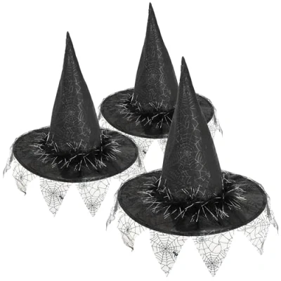 Afbeelding van COM FOUR® 3X heksenhoed tovenaarshoed perfect voor verkleedkleding, carnaval, Halloween puntige magische hoed heksenkostuum hoofddeksel (3 stuks &quot;spinnenweb en veren&quot;)