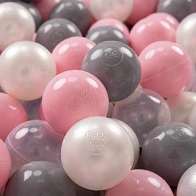 Afbeelding van KiddyMoon 700 ∅ 7cm kinderballen speelballen voor ballenbad baby plastic ballen made in eu, parel/grijs/transparant/poederroze